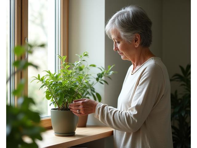 A serene woman gardening, embodying growth and well-being