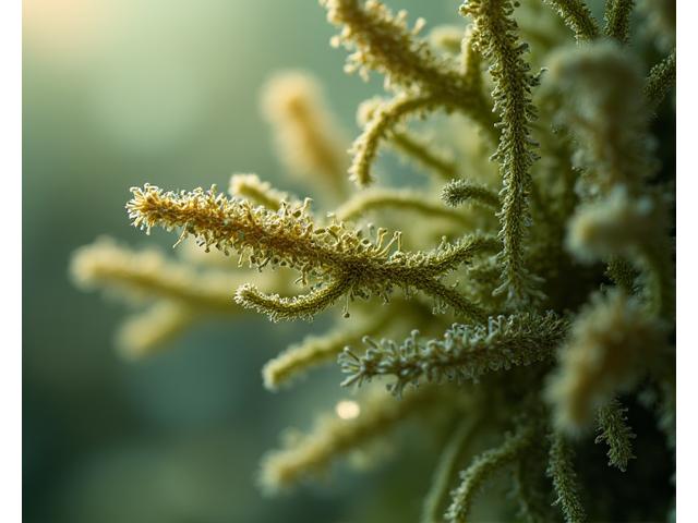 Close-up view of abstract human gut microbiome with diverse, thriving beneficial bacteria, in muted green and brown tones