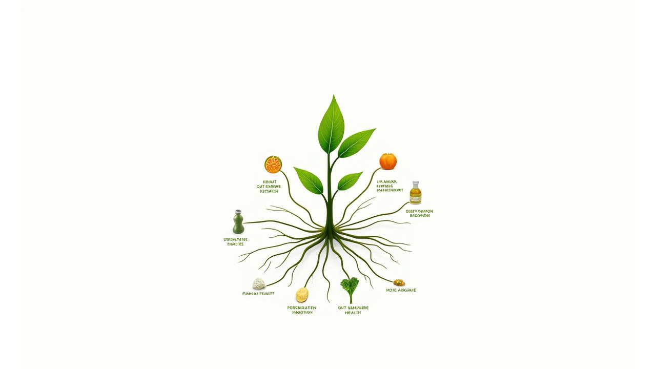 Infographic illustrating the interconnected principles of functional nutrition, showing food as a foundation for health