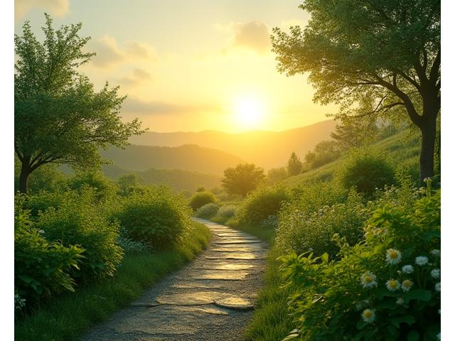 A serene pathway through a lush, verdant garden leading towards a gentle light, symbolizing longevity and health, with subtle conceptual elements of cellular structures