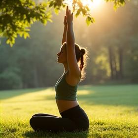 Woman doing gentle yoga stretches outdoors in nature, symbolizing adaptive fitness programming
