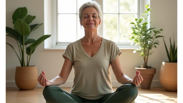 Woman practicing mindful meditation in a serene, sunlit home environment, representing personalized wellness and calm