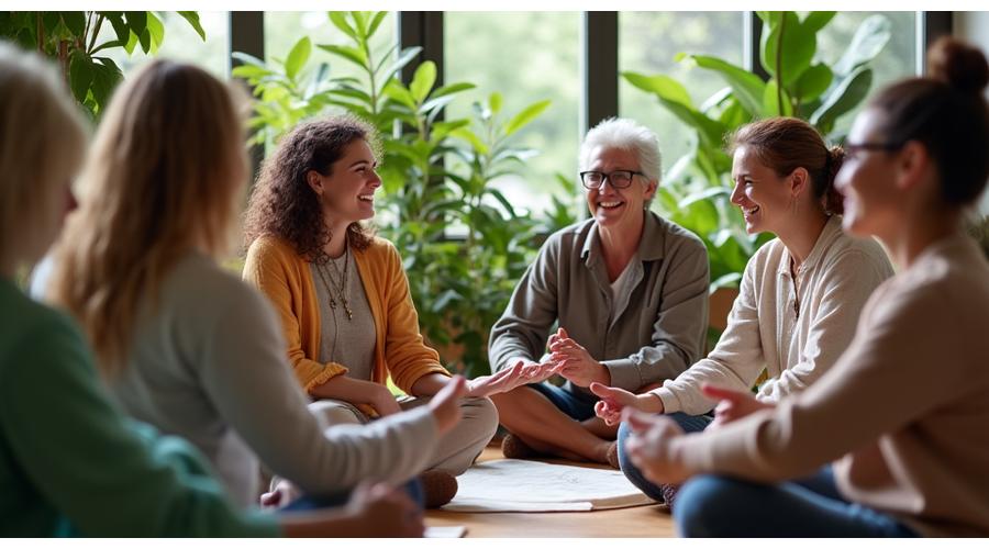 A diverse group of adults engaging in a relaxed wellness workshop, laughing and sharing, with lush indoor plants in the background, symbolizing a vibrant, supportive community.