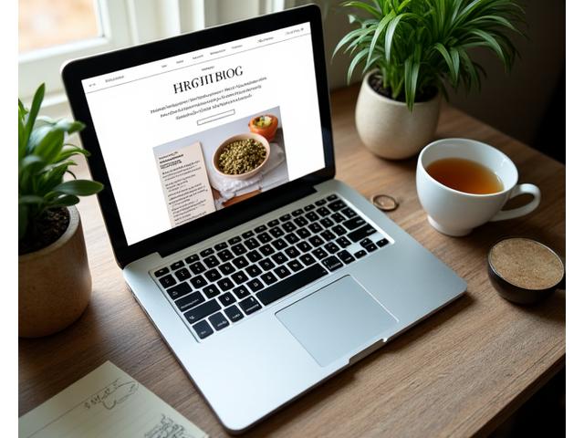 An open laptop displaying a health blog article on a wooden desk with a cup of herbal tea and a notepad, suggesting thoughtful content absorption.