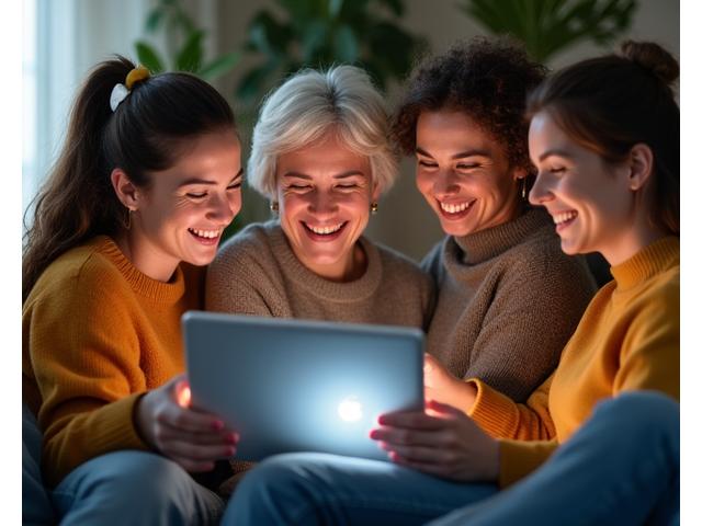A group of smiling adults engaged in a lively online discussion on a tablet, symbolizing a supportive and interactive community.