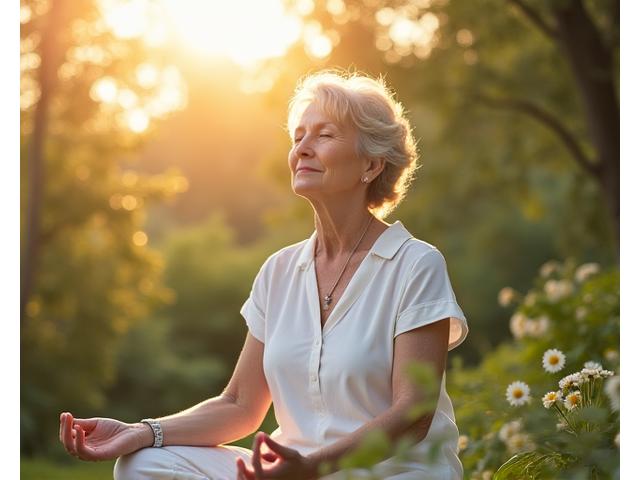 A woman in her 40s meditating peacefully in a lush garden, representing stress management and holistic wellness