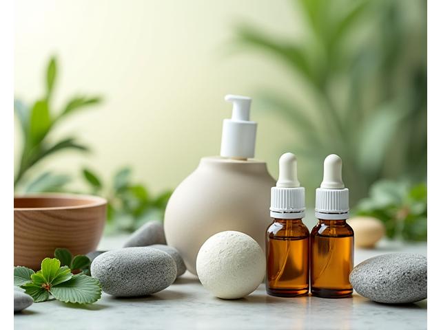 An artfully arranged collection of organic wellness products like essential oils, wooden massage tools, and natural skincare in a spa-like setting.