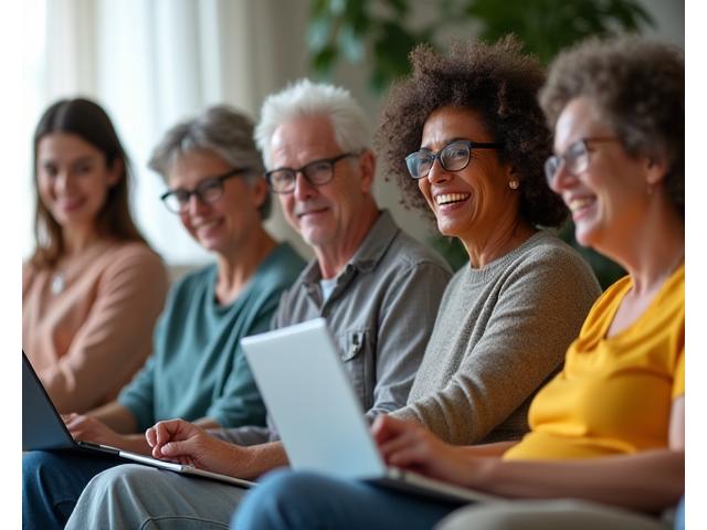 A diverse group of adults participating in a virtual wellness workshop on their screens, focusing on interaction and engagement.