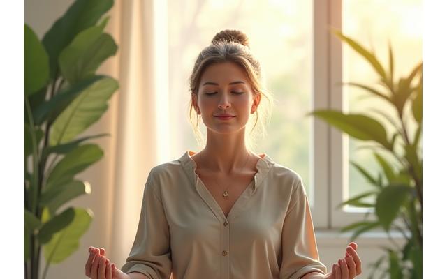 Woman meditating in a serene virtual environment, representing calm and focus