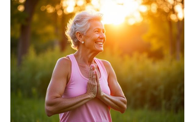 Vibrant, active older adult engaging in mindful exercise outdoors